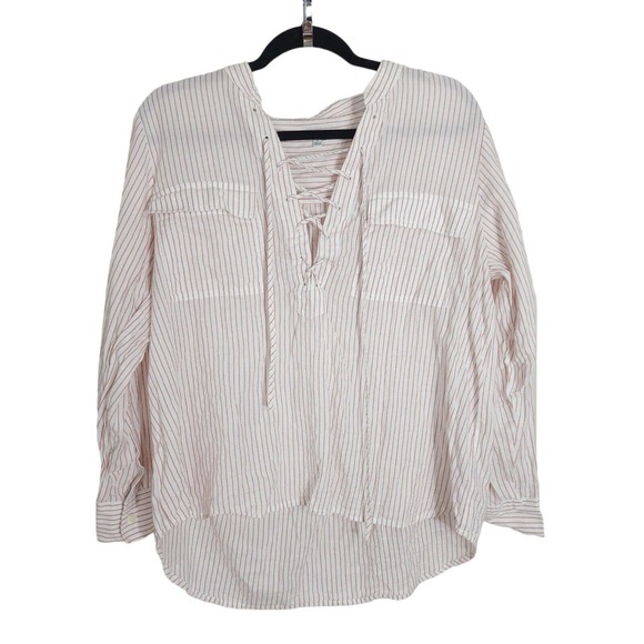 Madewell Womens Top Terrace Lace Up Shirt Vera Stripe Red White Coastal Blouse L - Picture 2 of 12